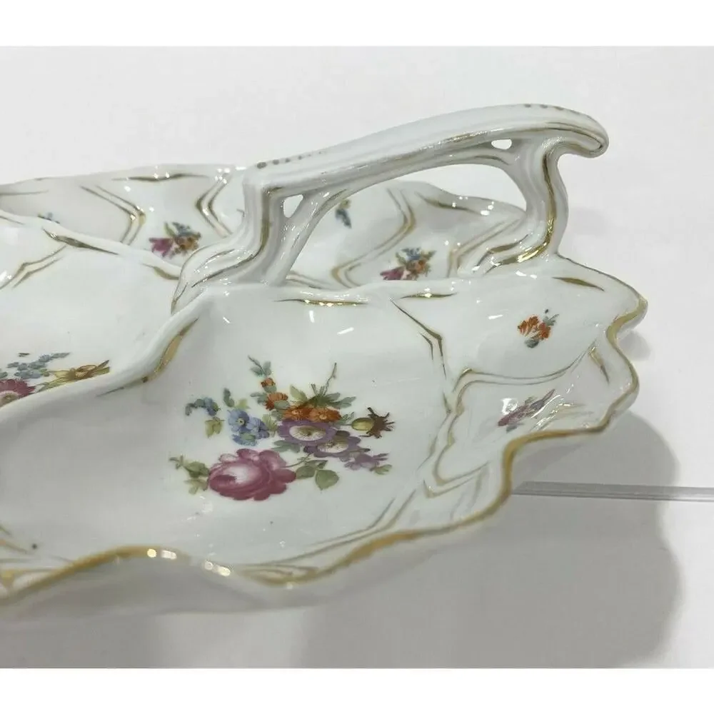 Vintage porcelain center handle server bowl 3-part vegie display white & floral